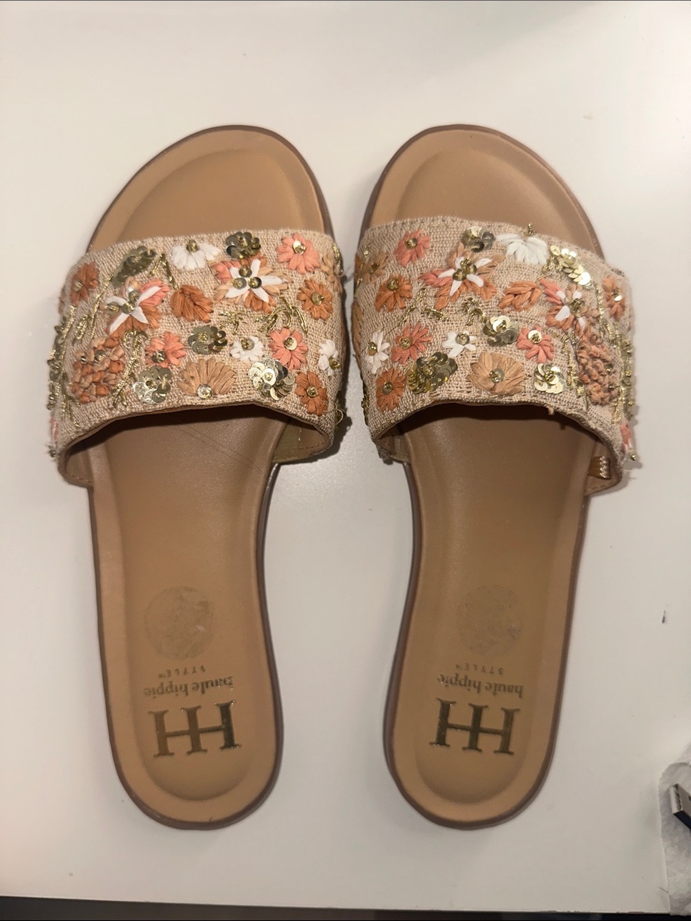 Embellished Floral Slide Sandals in Tan and Peach